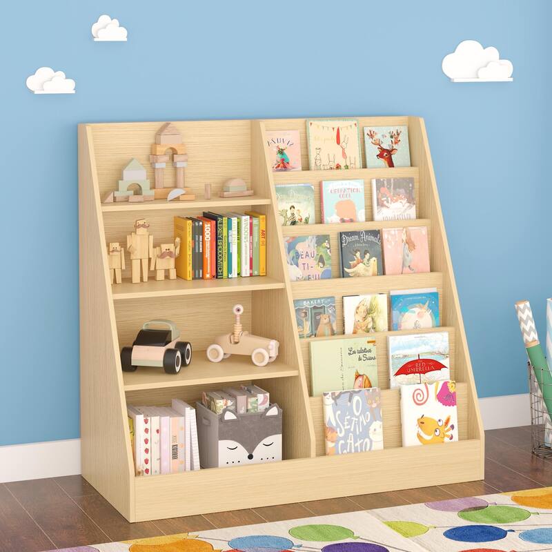 Kids Bookshelf and Toy Storage Organizer, Multifunctional 4 Tier Wooden Kids Book Shelf with Bookcase Display Stand