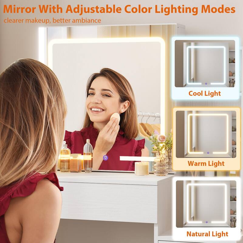 Modern Makeup Vanity with Sliding Mirror, 4 Drawers & 7 Shelves, 3 Light Colors, Charging Port & Stool Set