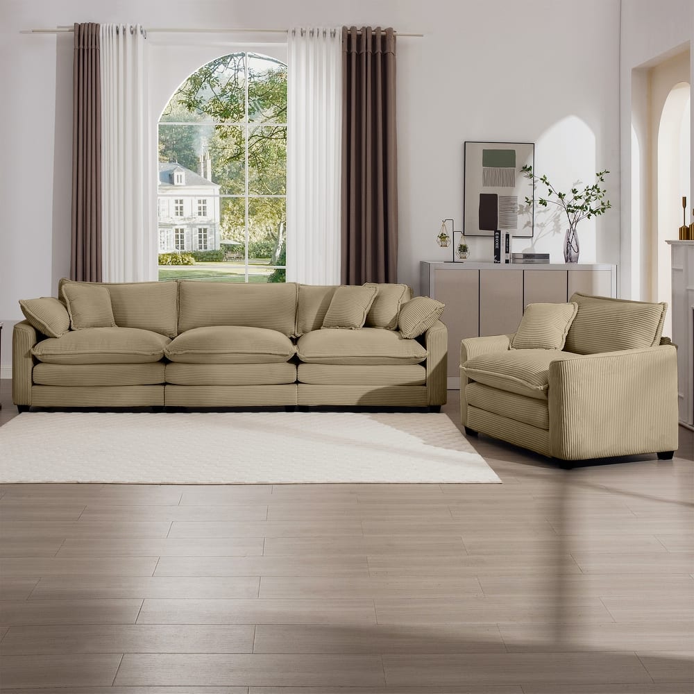 2-Piece Flexible Combinations Sofa Set with 3-Seater Corduroy Fabric Sofa and Single Accent Sofa Chair for Livingroom