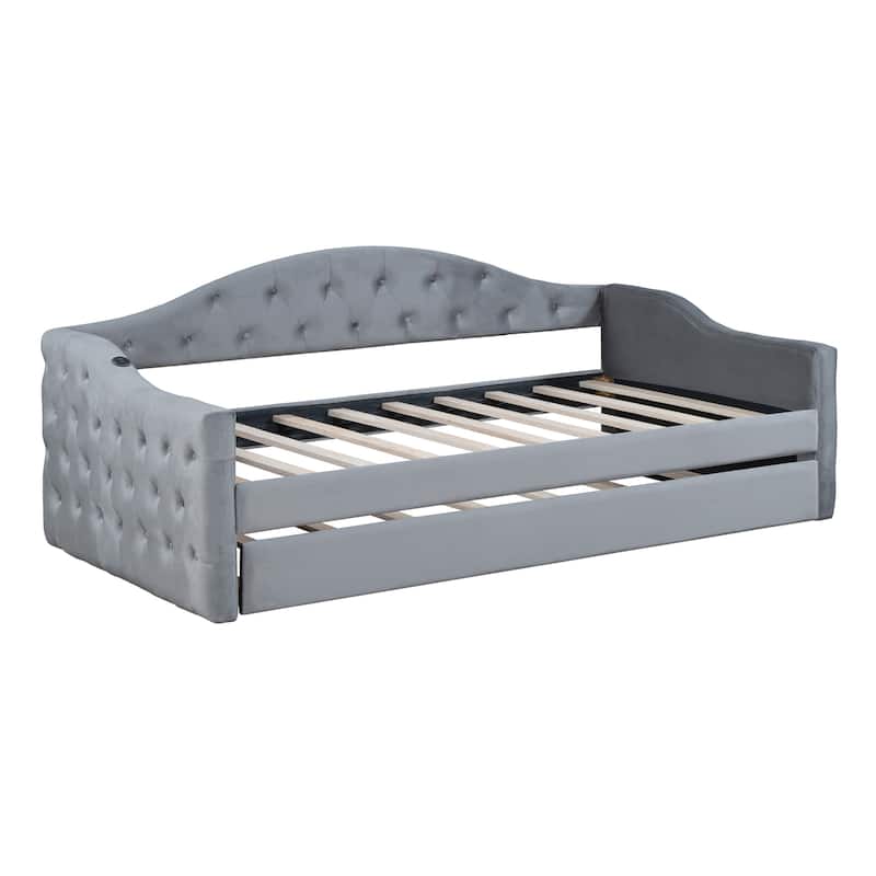 Gray Twin Size Velvet Daybed with Trundle and Charging Ports