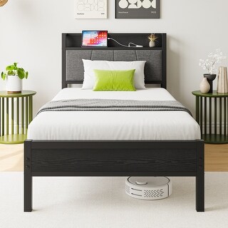 Twin Size Bed Frame with Charging Station Storage Headboard Noise Free Solid Easy Assembly