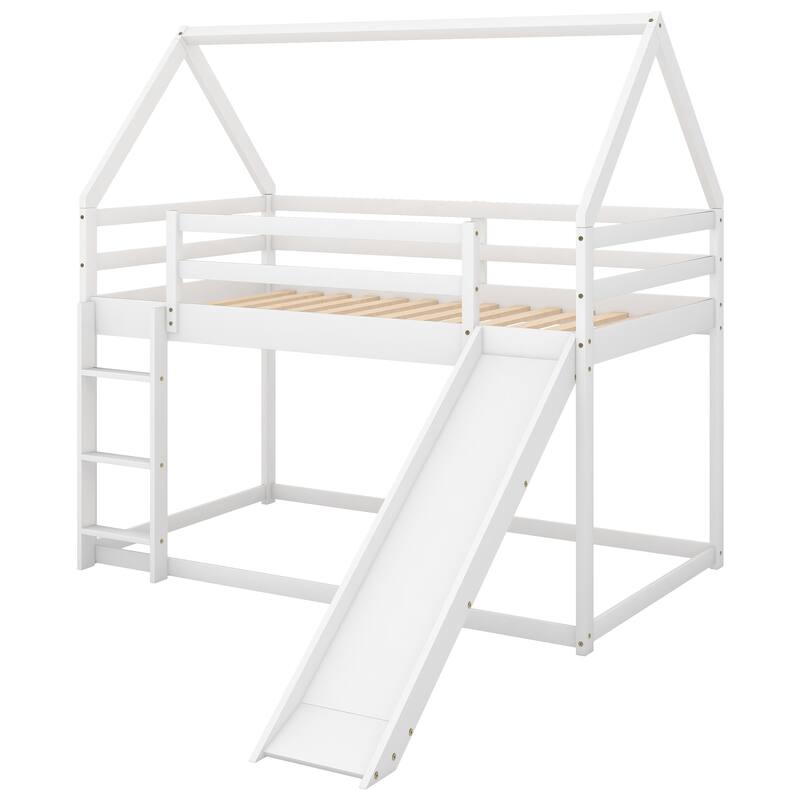 Twin Size House Bunk Bed with Slide and Ladder in White
