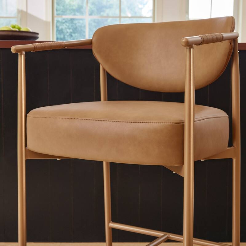 Spruce & Spring Modern Counter Stool with Gold Metal Frame and Woven Strap Arm