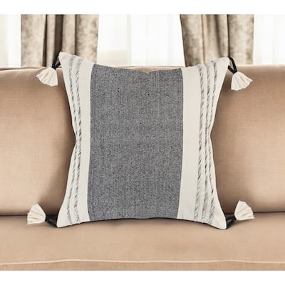 HomeRoots 20" White and Black Striped Cotton Throw Pillow with Tassels and Texture