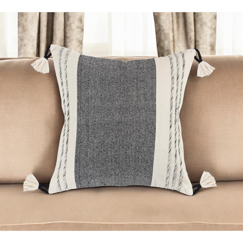 HomeRoots 20" White and Black Striped Cotton Throw Pillow with Tassels and Texture