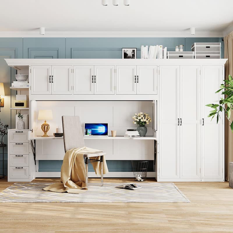 Space-Saving Twin Murphy Bed with Wardrobe, Desk, and Storage, White - White