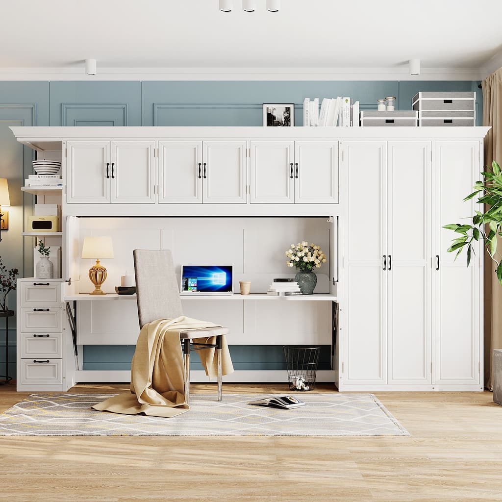 Versatile Twin Size Murphy Bed Fold-down Storage Wall Bed with Temporary Desk, Top Cabinets, Side Wardrobe, Drawers and Shelves