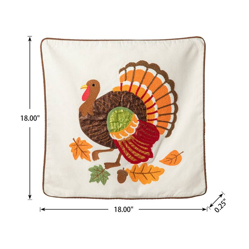 Glitzhome Farmhouse Thanksgiving Harvest Turkey Embroidered Pillow or Pillow Cover