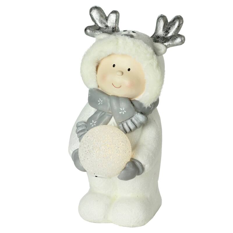 15.75" White B/O Smiling Child Holding LED Snowball Christmas Figurine