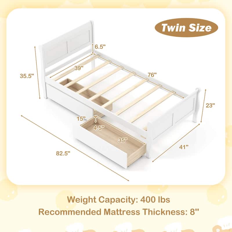Costway Twin Size Bed Frame with 2 Storage Drawers Wood Platform Bed