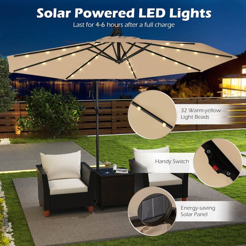 Costway 10 FT Solar Offset Hanging Umbrella Patio Cantilever Umbrella