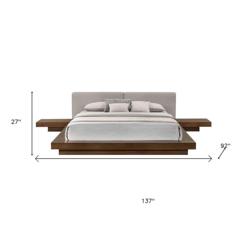 HomeRoots Gray and Walnut Wood And Faux Leather King Bed Frame With Attached Nightstands
