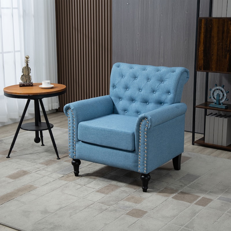 Linen Armchair w/Tufted Back/Wood Legs - Light Blue