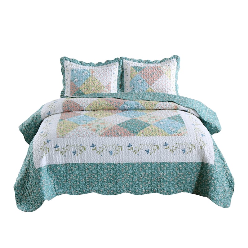 MarCielo 3 Piece Printed Quilt Set Lightweight Bedspread Set Lily - Frost Blue - King