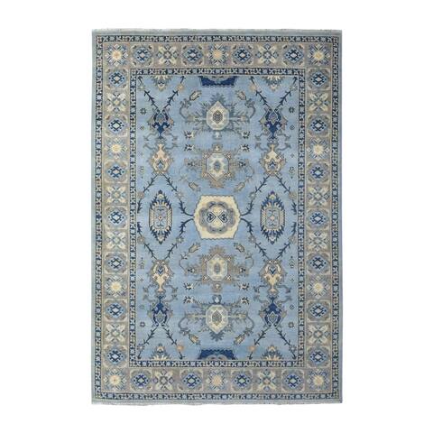 Shahbanu Rugs Hand Knotted Blue Vintage Look Kazak with Tessellation Design Soft Wool Oriental Rug (6'0" x 8'9") - 6'0" x 8'9"