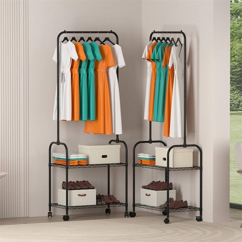 Rolling Clothes Rack 23.6 Inch Garment Rack - 13.8"D x 23.6"W x 65"H - Black+2 Adjustable Shelves