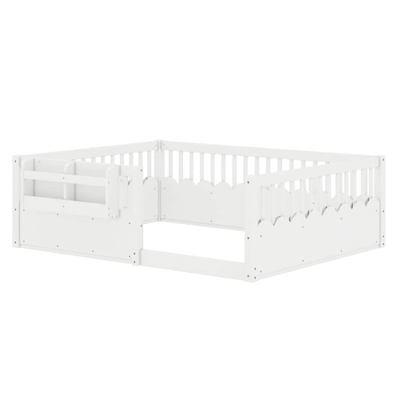 Montessori Floor Bed Kids Bed Frame with Heightened Fence and Bookshelf, Wavy Decoration Wood Platform Bed, No Slats Design