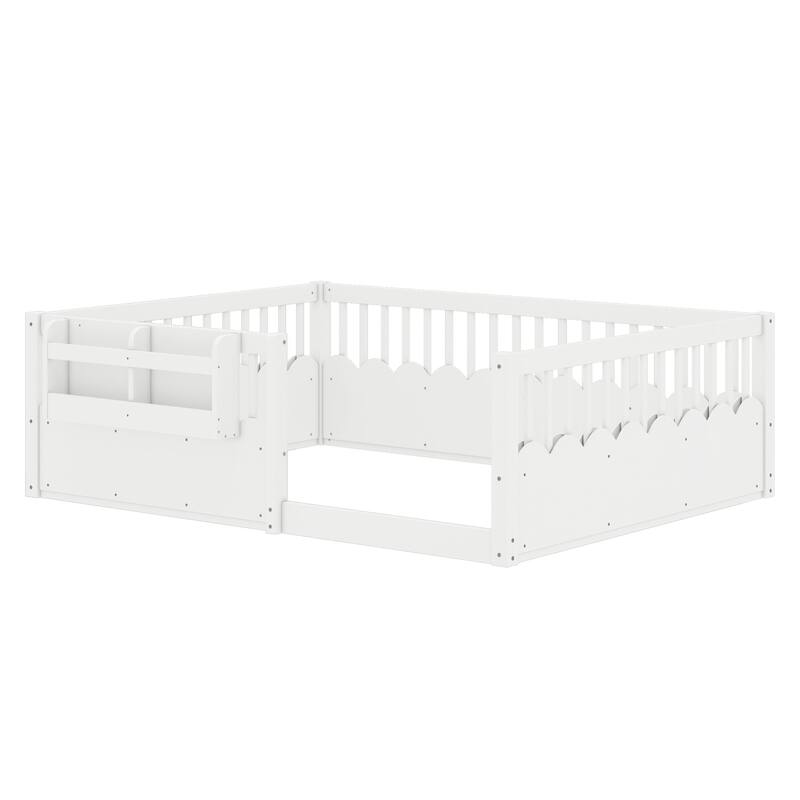 Queen/Full/Twin Floor Bed with Fence and Bookshelf, Wood Kids Floor Bed