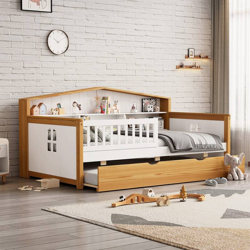 Wooden Twin Size House Shape Bed with Trundle and Bookcase Headboard
