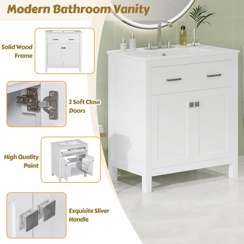 30" Bathroom Vanity with Ceramic Sink, Modern White Single Bathroom Cabinet with 2 Doors and a Shelf, Soft Close Doors