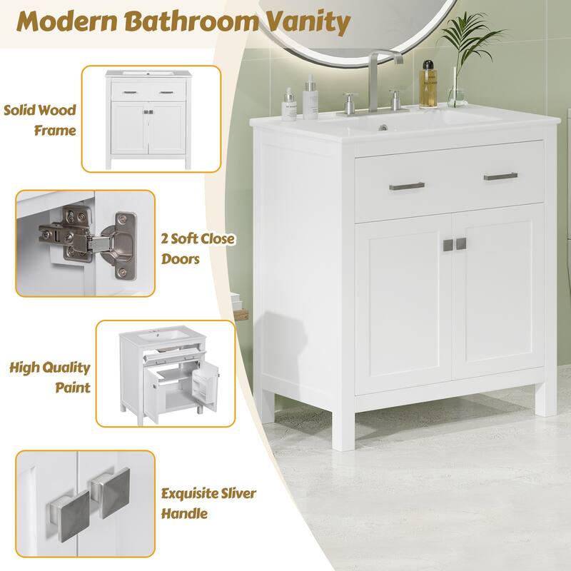 30 Inch Single Sink Bathroom Vanity Cabinet, Solid Wood Frame