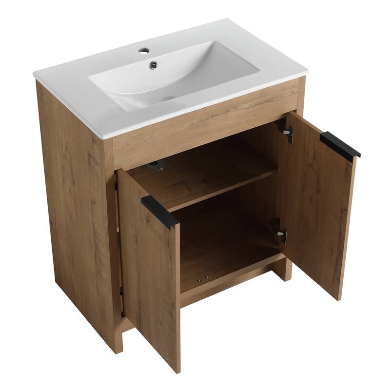 Freestanding Bathroom Vanity with Ceramic Sink, Adjustable Shelf, Metal Handles, Soft Closing Hinges - 30in L Plywood