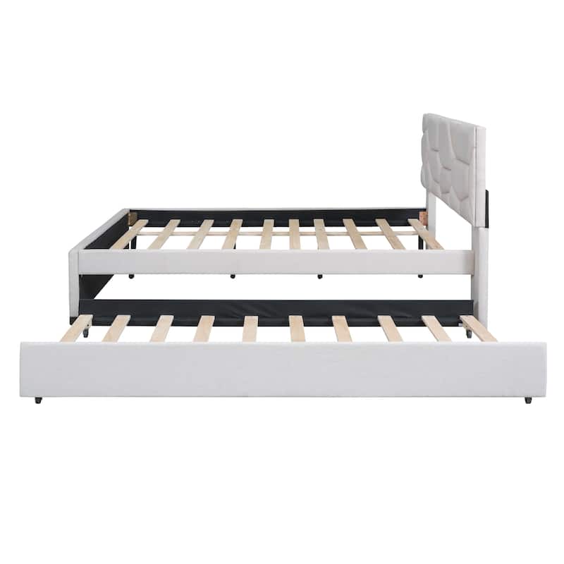 Beige Full Upholstered Platform Bed with Brick Pattern Headboard and Trundle