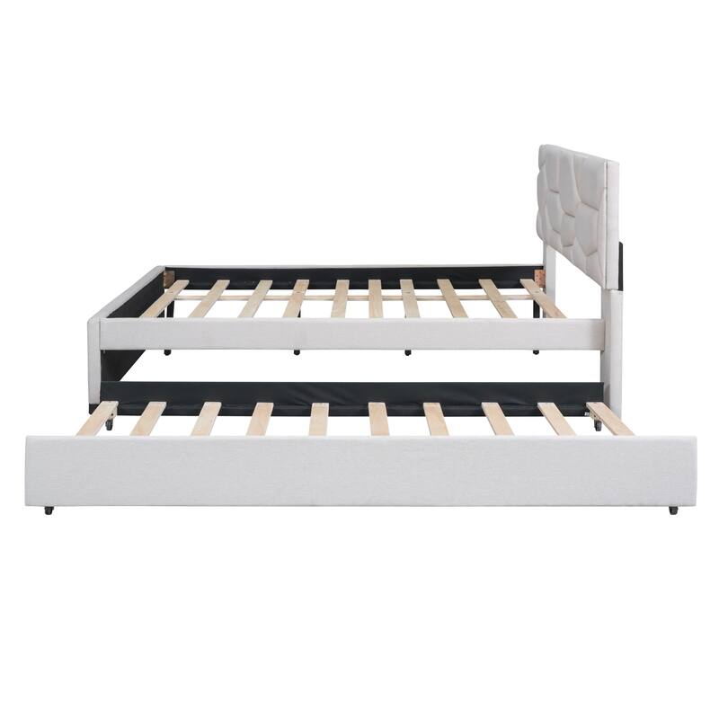 Full Size Upholstered Platform Bed with Brick Pattern Headboard and Twin Trundle, Linen Fabric, Beige
