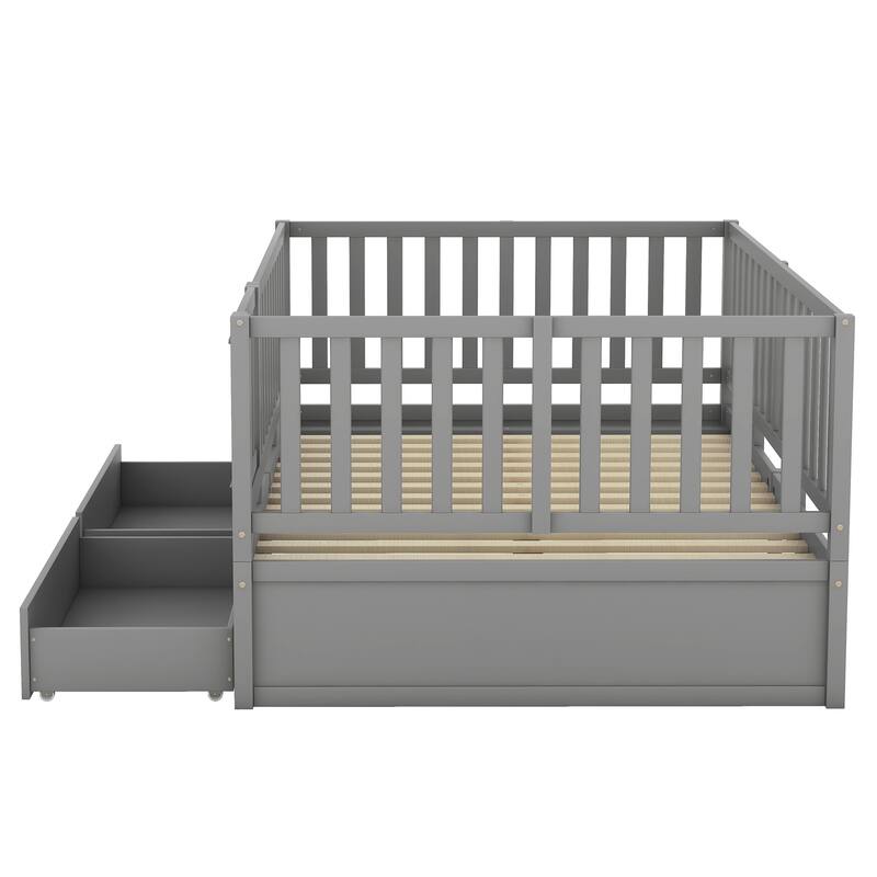 Full Size Wood Daybed with Fence Guardrails and 2 Drawers
