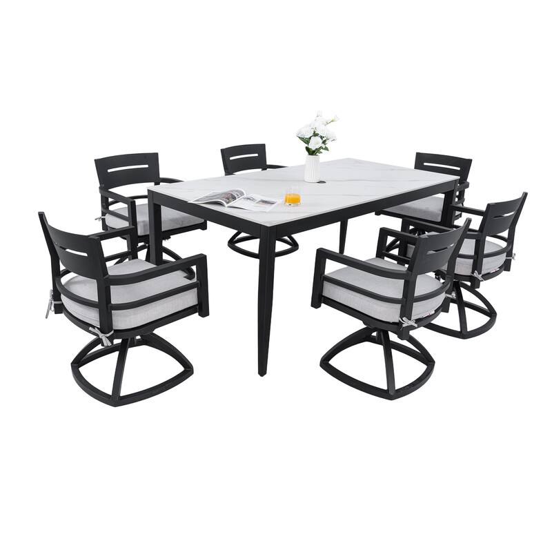 7-Piece Outdoor Patio Aluminum Dining Set with Marble-pattern Tabletop, 6 Swivel Rocker Chairs, and Umbrella Hole
