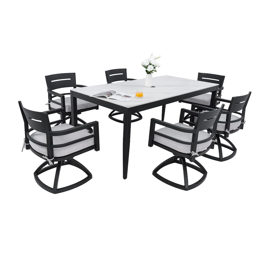 Modern 7-Piece Patio Dining Set - 35.5"x71" Greek Marble Sintered Table with 6 Swivel Rockers, Ember Black