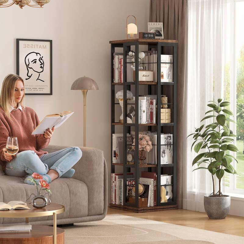 Corner Rotating Bookshelf, 360 Display Wood Spinning Bookshelf, Floor Standing Bookcase Organizer Storage Rack