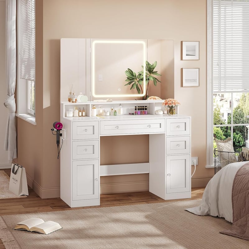 Makeup Vanity Trifold Mirror Charging Station 5 Drawers LED Light Hidden Jewelry Hook - White
