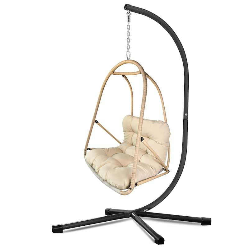 Rossetta Outdoor Wicker Rattan Patio Basket Foldable Hanging Chair with C Type Bracket , Cushion and Pillow - Beige+Brown