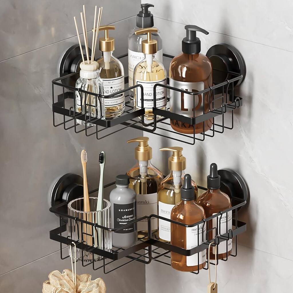 Shower Caddy Corner Suction Cup with Hooks, 2 Pack No Drill Rotating Shower Shelves