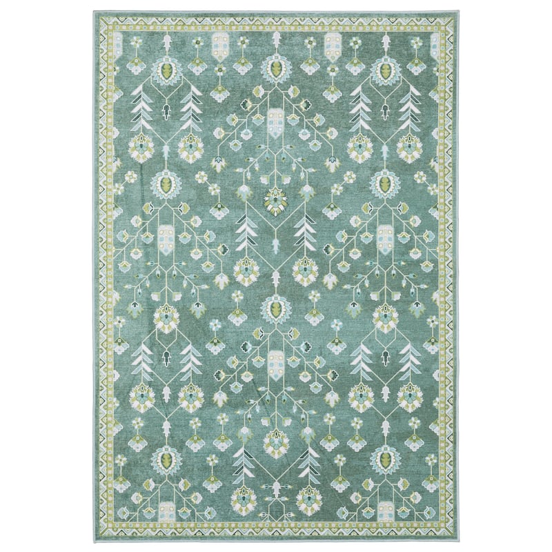 Ainsley Vintage Traditional Teal/ Green Printed Washable Flat Pile Area Rug - 6'7" x 9'2"