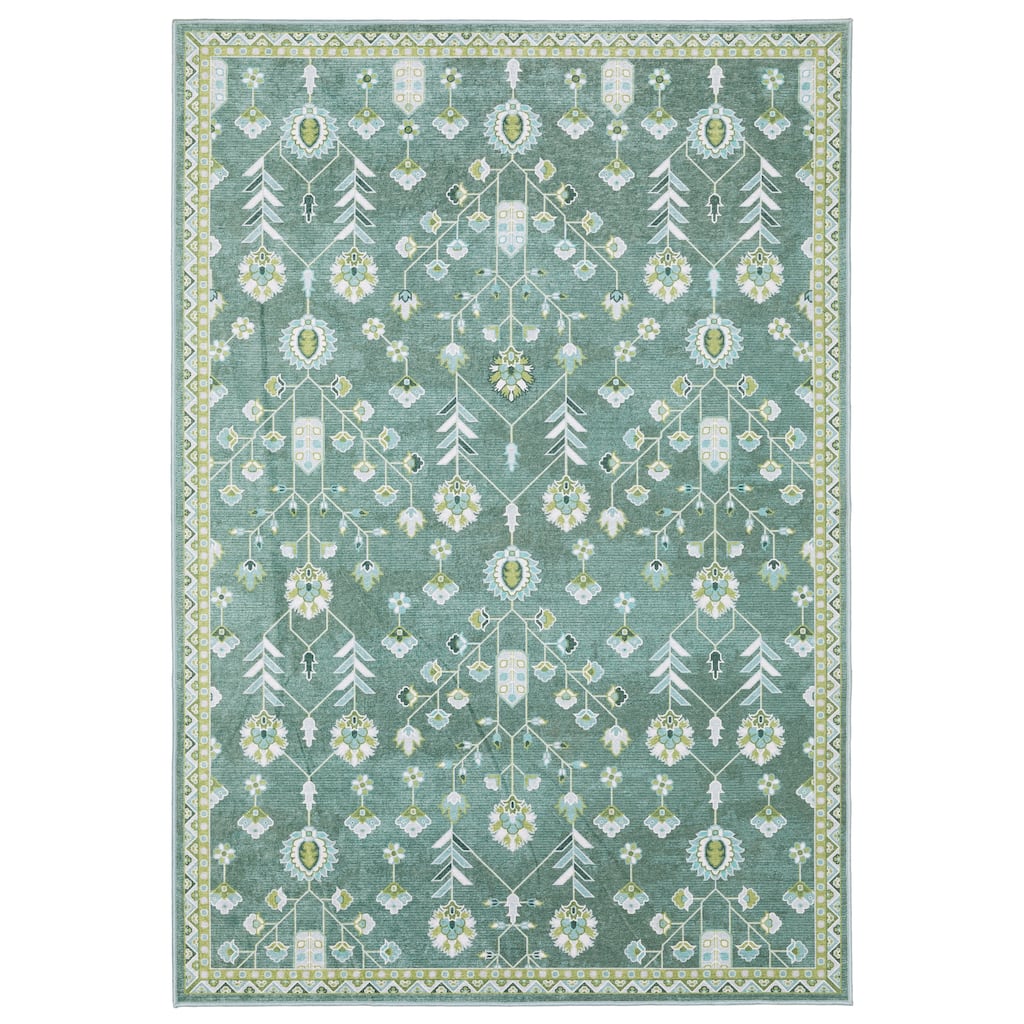 Ainsley Vintage Traditional Teal/ Green Printed Washable Flat Pile Area Rug