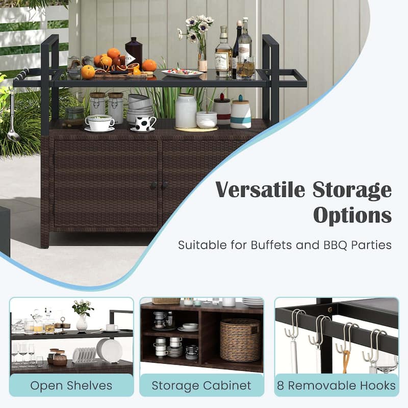 Costway Outdoor Bar Cart with Tempered Glass Top Storage Cabinet & 8 - See Details