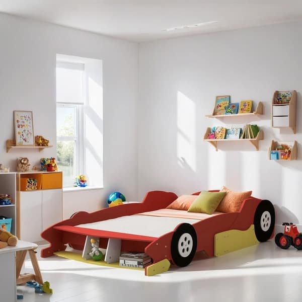 slide 2 of 9, Full Size Race Car-Shaped Platform Bed with Kids Bed Wheels, Red Red