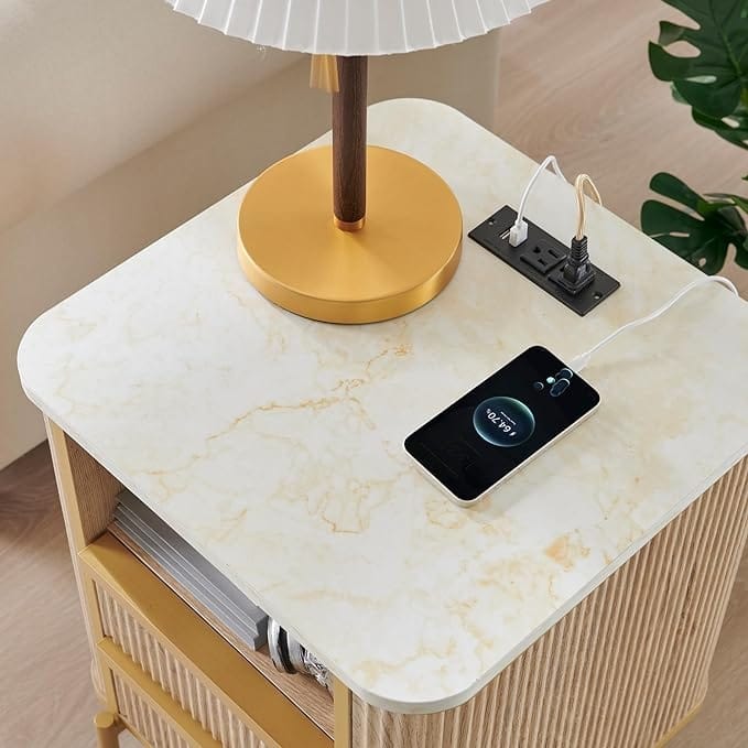 Modern Luxury Fluted Nightstand with faux marble tabletops, End Table