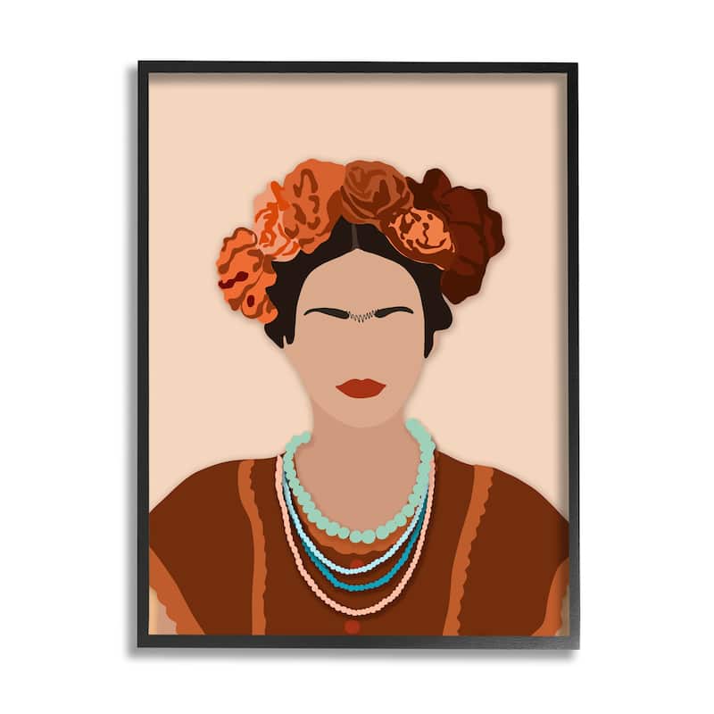 Stupell Frida Artist Portrait Orange Floral Blue Bead Necklace Framed Wall Art - 24 x 30 - Black