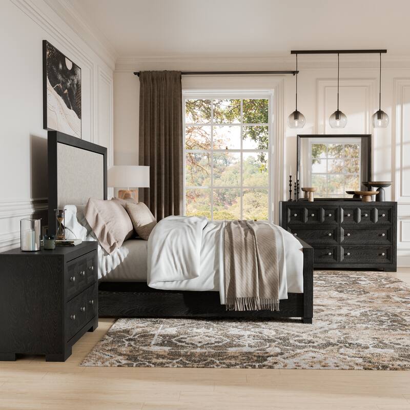 Furniture of America Durem II Modern 4-Piece Solid Wood Panel Bedroom Set with Oversized Nightstand and Dresser/Mirror - Weathered Black - King