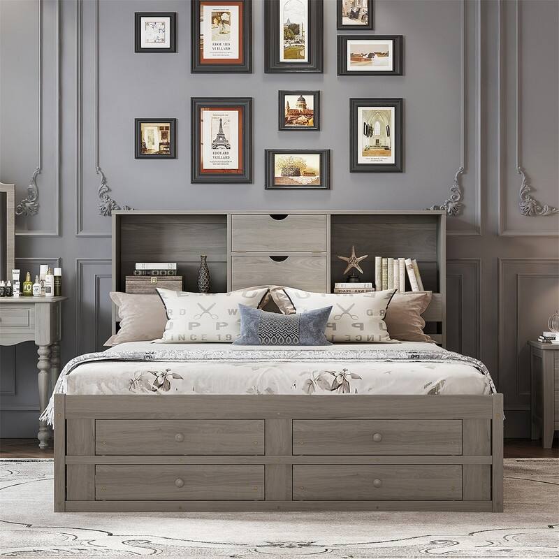 Queen/King Size Captain Bed with Storage Bookcase Headboard, Solid Wood Platform Bed Frame with 8 Storage Drawers and Slats