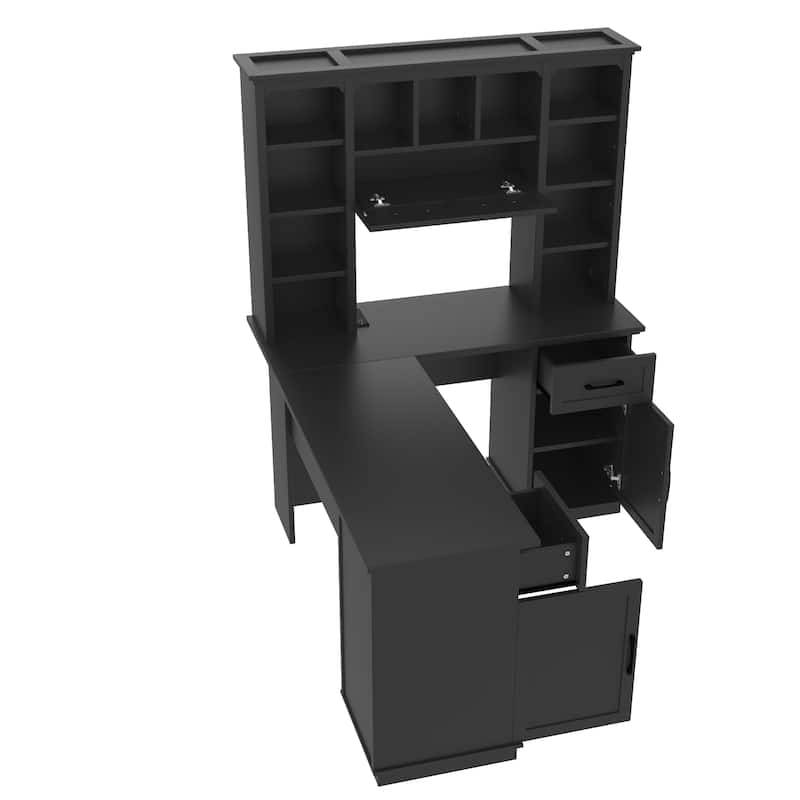 L-Shaped Computer Desk with 2 Cabinets, 2 Drawers, 11 Open Shelves and a Flip-Up Shelf with Storage on the Right Side