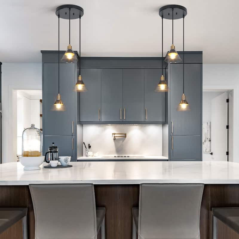 Petia Modern Farmhouse Black 3-light Cluster Glass Kitchen Entryway Pendant Lights - D 14.5'' x H 66''