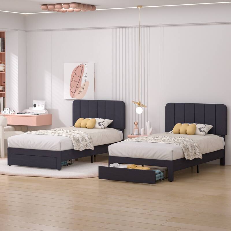 VECELO 2-Pack Kid Bed Frame Set Twin Size Platform Bed with Adjustable Upholstered Headboard Storage Drawer No Box Spring Needed