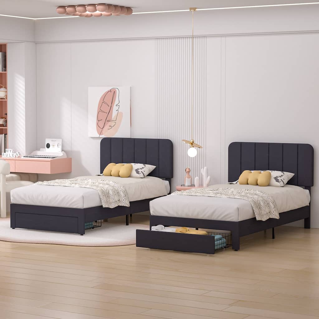 VECELO 2-Pack Kid Bed Frame Set Twin Size Platform Bed with Adjustable Upholstered Headboard Storage Drawer No Box Spring Needed