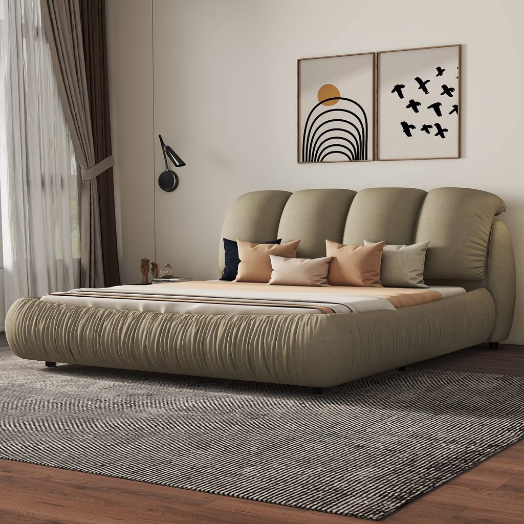 Luxury Queen Size Upholstered Platform Bed with Thick Headboard and Padded Backrest, Stone Grey