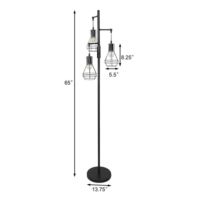 Industrial 3-Light Metal Tree Floor Lamp With Round Shades