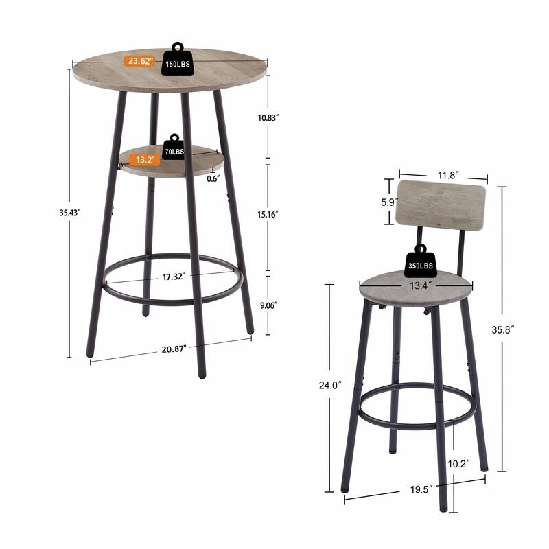 Round Bar Stool Set with Backrest and Shelf - Upholstered